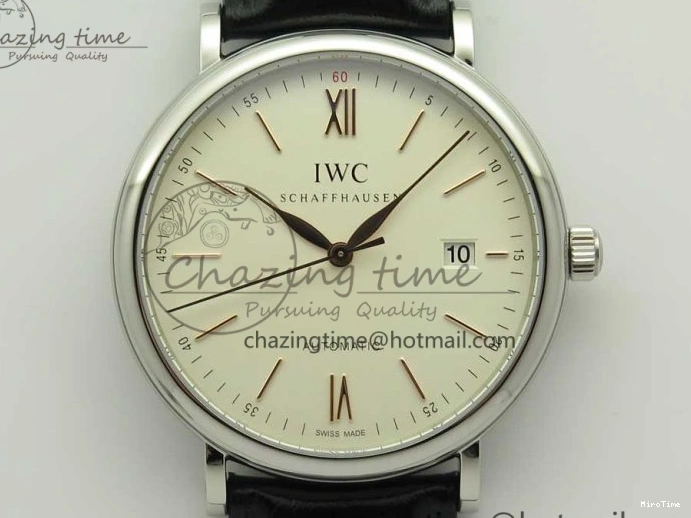 MIROTIME 0309 Portofino Automatic SS FKF 1:1 Best Edition White Dial RG Markers on Black Leather Strap A Stretchable 7141